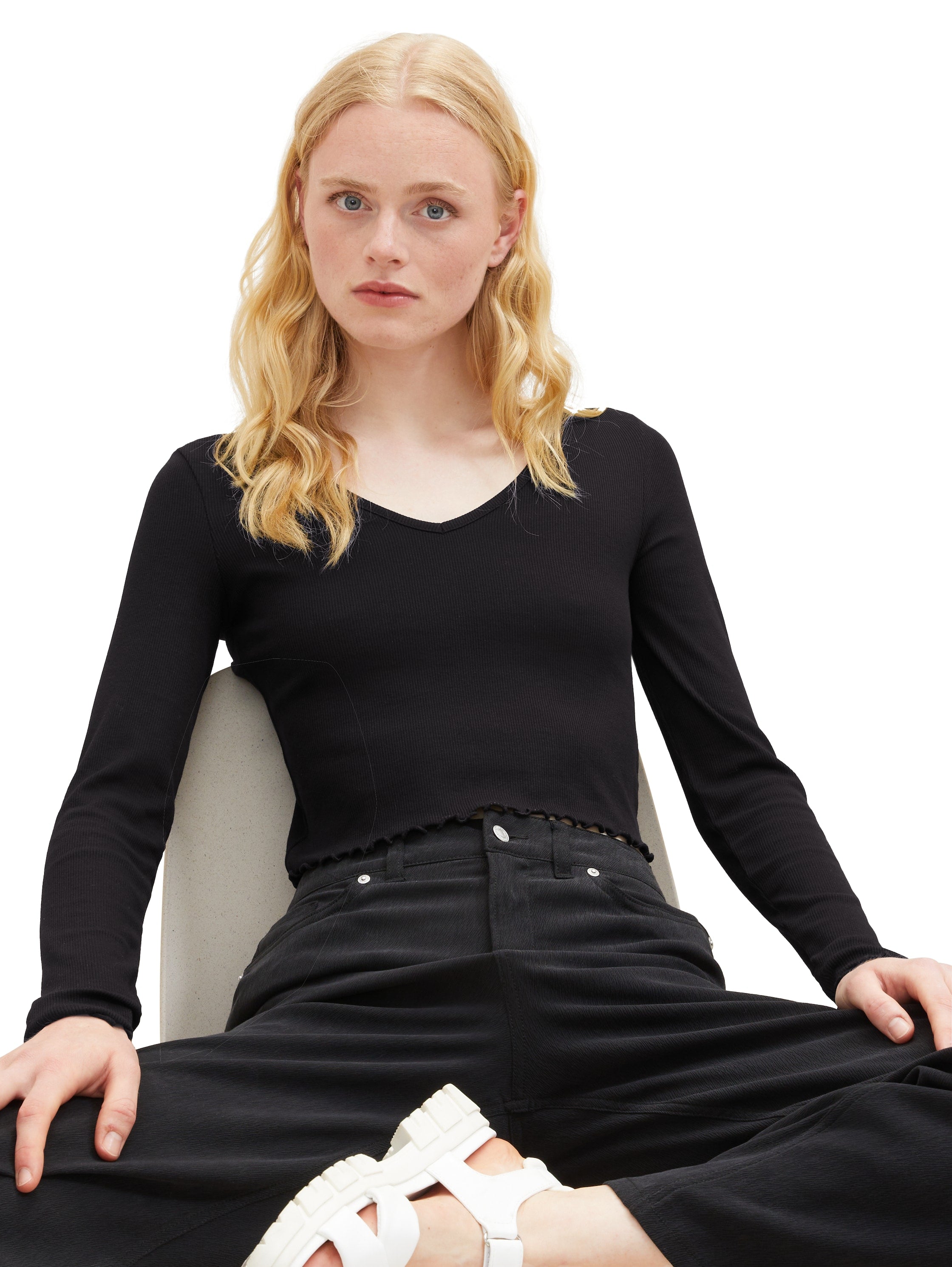 Cropped Langarmshirt mit Rippstruktur